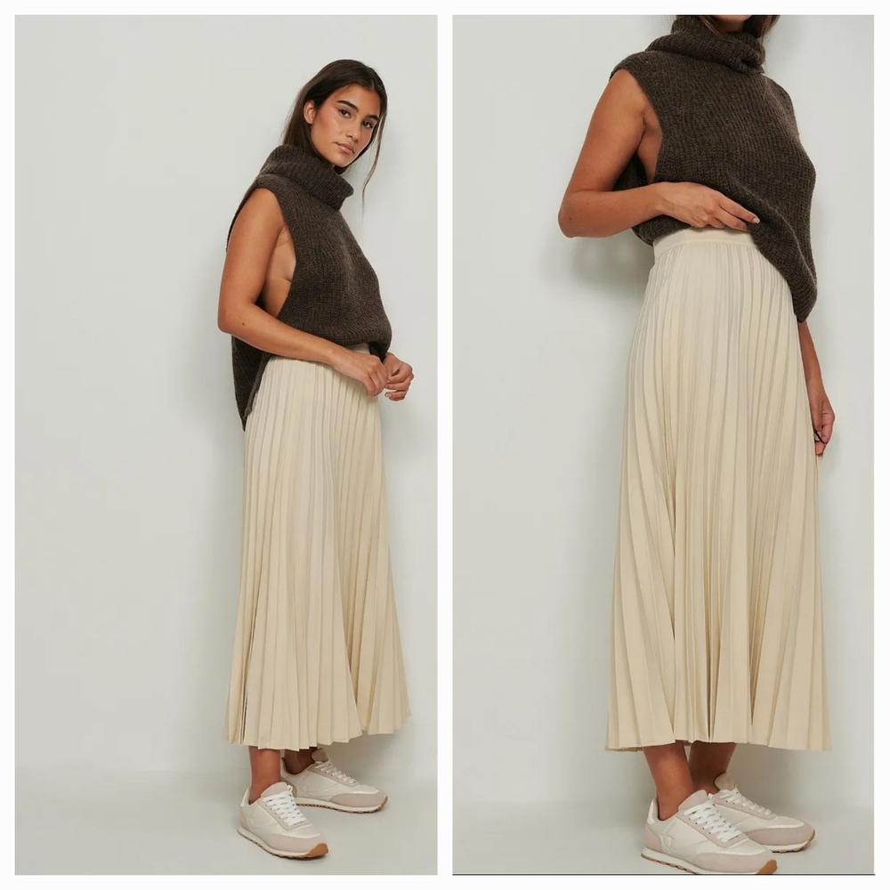 NA-KD Cream Pleated Midi Skirt